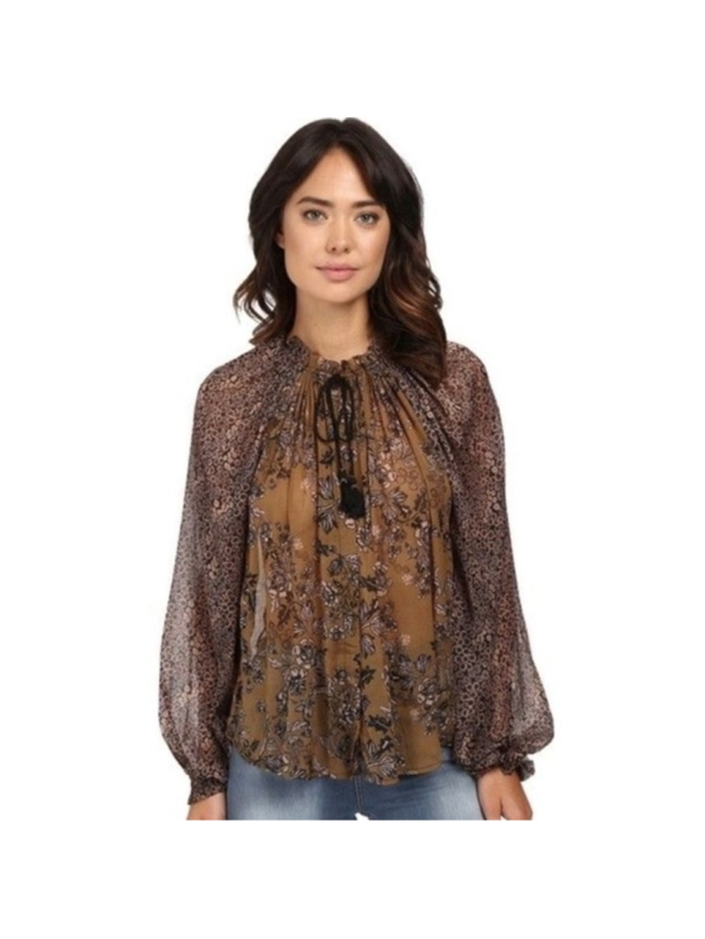 Women's Free People Floral Blouse Size L Brown Black Long Sleeve
